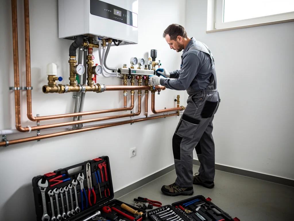Chauffagiste raccordant le module hydraulique d'une PAC dans une chaufferie